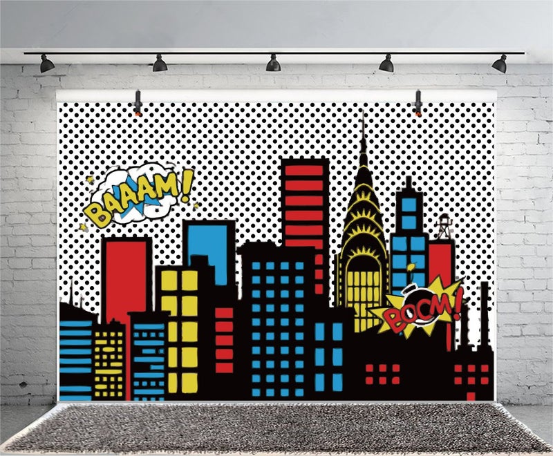 Yeele 7x5ft Cartoon Comic Super Hero City Photography Backdrop Vinyl Humor Abstract Superhero Baby Shower Photo Background for Girl Birthday Party Photo Video Shoot Studio Prop Wallpaper - Image 1